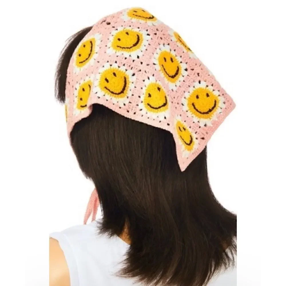 Crochet Triangle Smiley Face Headscarf Bandana in Pink, White & Yellow